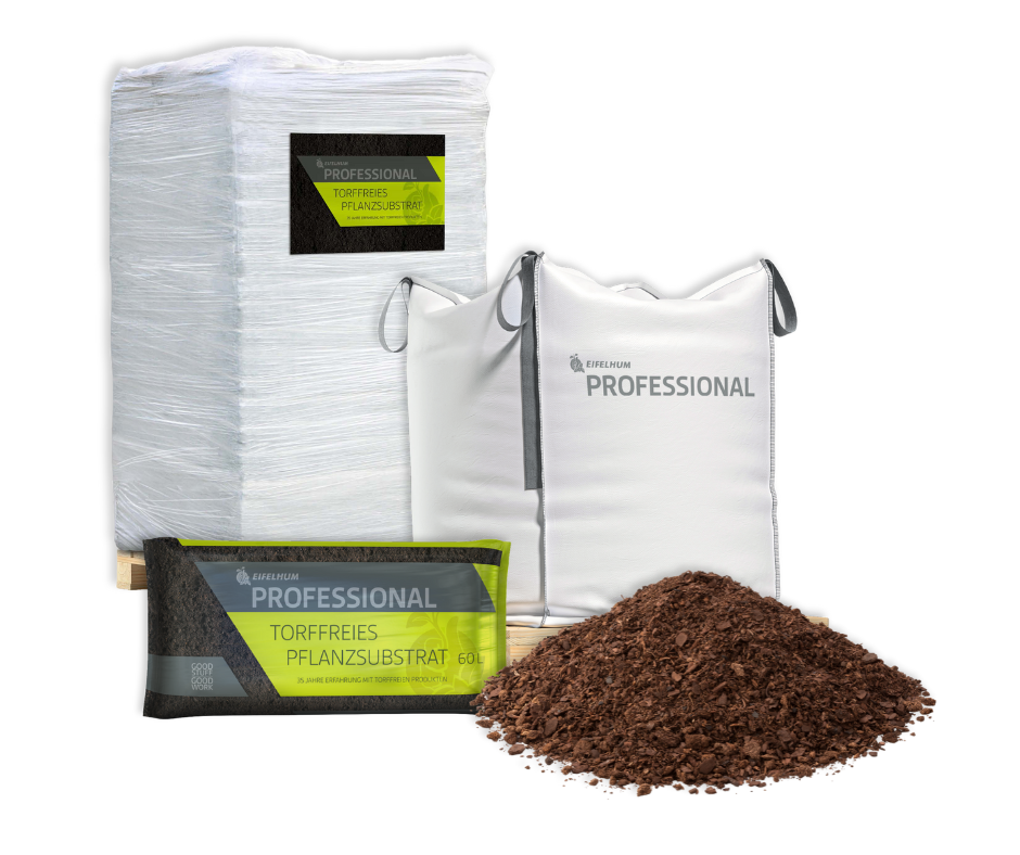 Zeigt eine Palette, ein Beutel, ein BigPack und ein Haufen mit Torffreien Substrat.